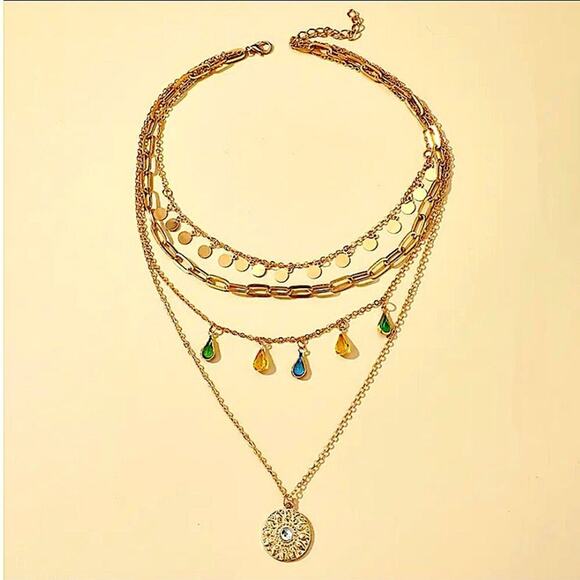 Gold Multilayer Boho Gemstone Drop Sun Paperclip Disk Necklace - Picture 6 of 6